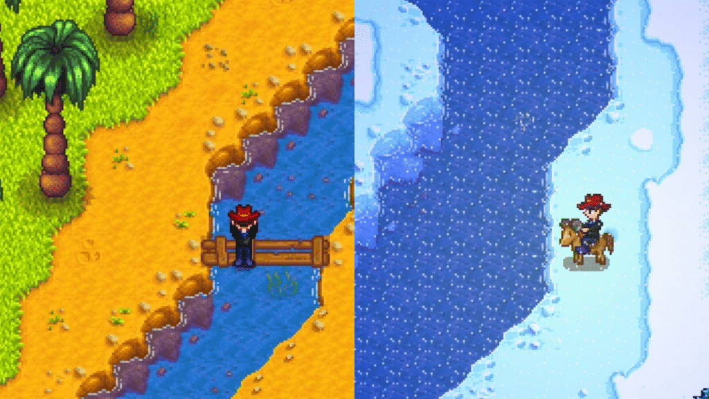 Two frames of different rivers in Pelican Town and Ginger Island.