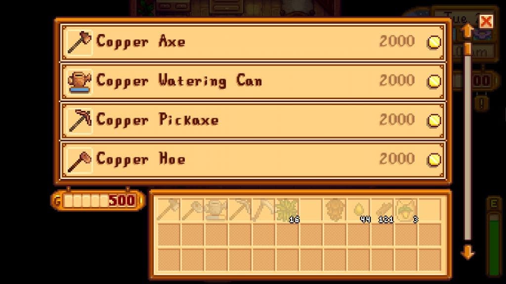 A player getting tool upgrades in Stardew Valley.