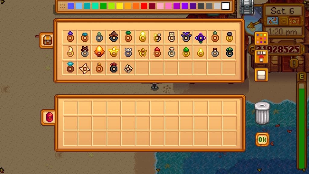 A chest full of every types of ring (accessories) in Stardew Valley.