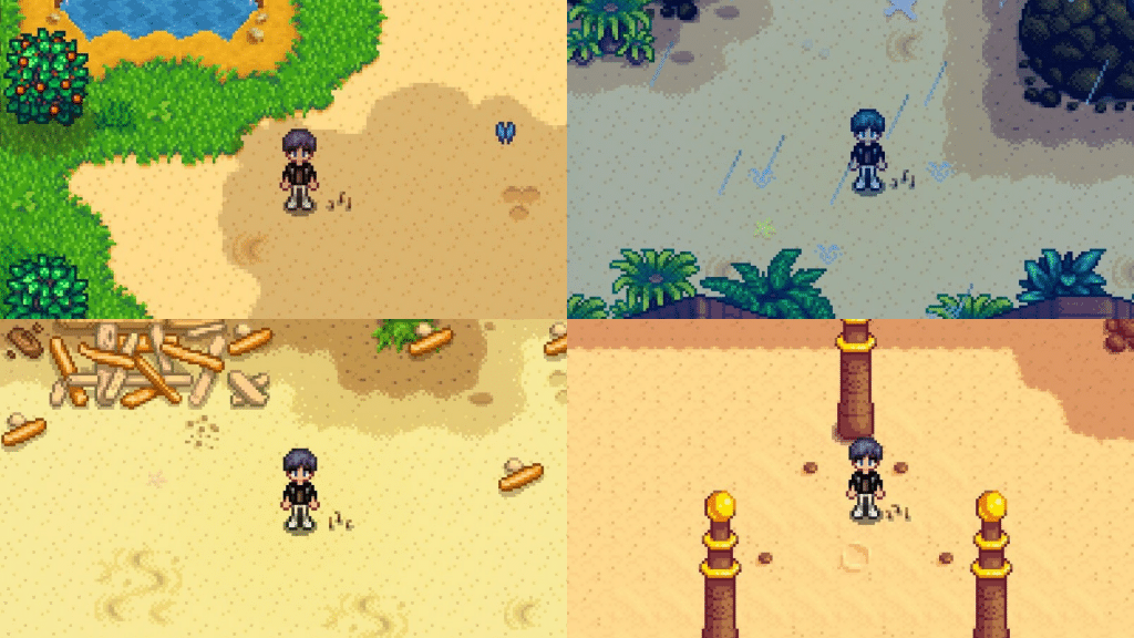 Four frames of the player standing near Artifact Spots on the Desert, Farm, Beach, and Ginger Island.