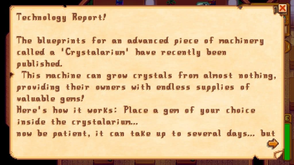 A crude note report in Stardew Valley.