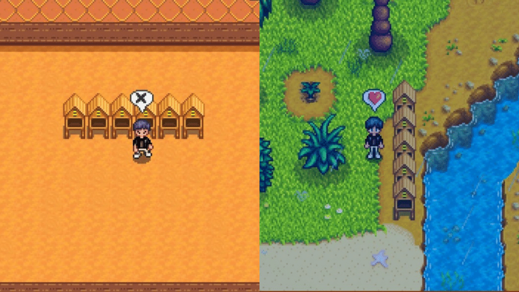 The player showing emotions of approval and disapproval while standing near a Bee House.