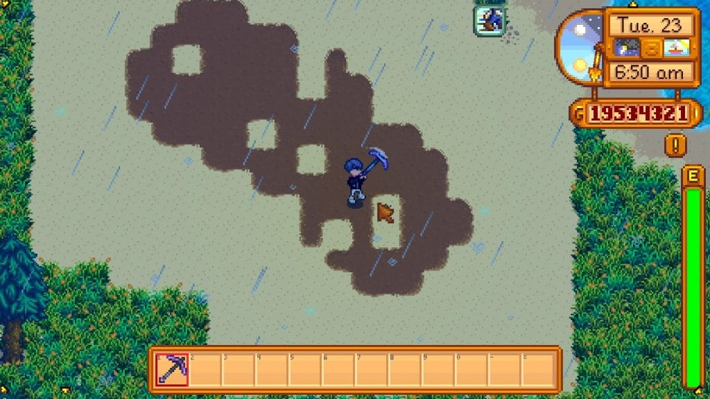 The player using a pickaxe to untill soil in Stardew Valley.
