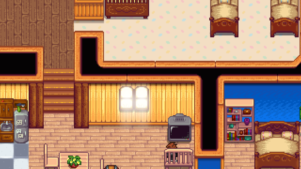 The player hanging out on TV with the second farmhouse upgrade.