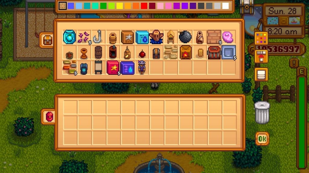 Thirty craftables in a chest in Stardew Valley.