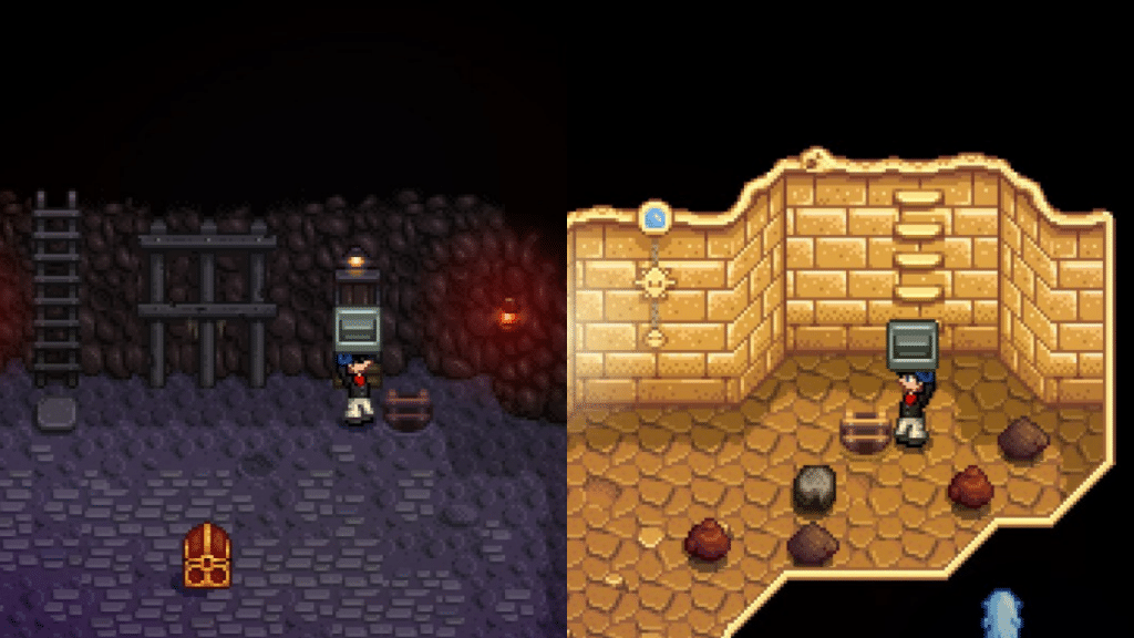 Two frames of the player placing a staircase inside the Mines and Skull Cavern.