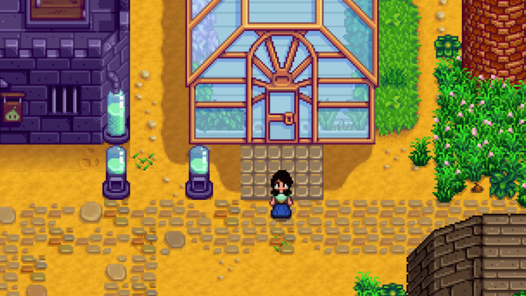 The player stands on a mix of paths outside of the greenhouse.