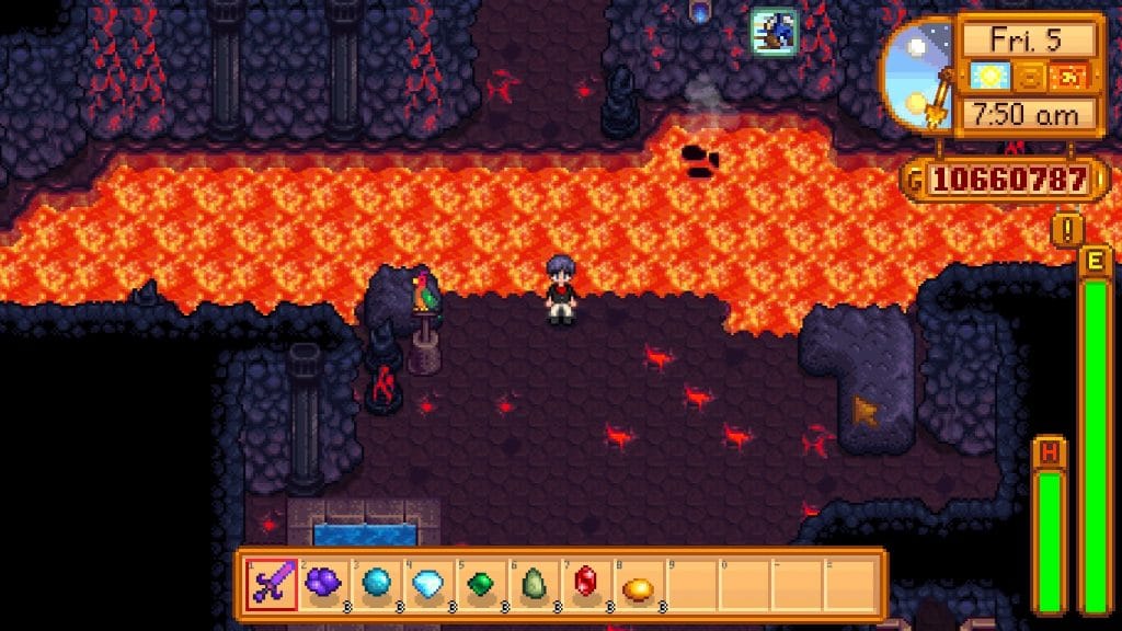 A player's preparation to embark in the Volcano Dungeon and Forge.