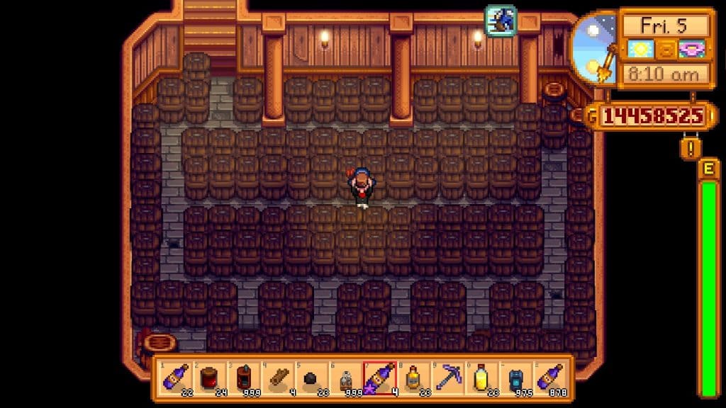 The player inside the Cellar with Casks at the Farmhouse.