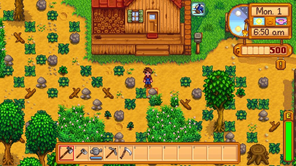 The new player exploring the overgrown farm in Stardew Valley/