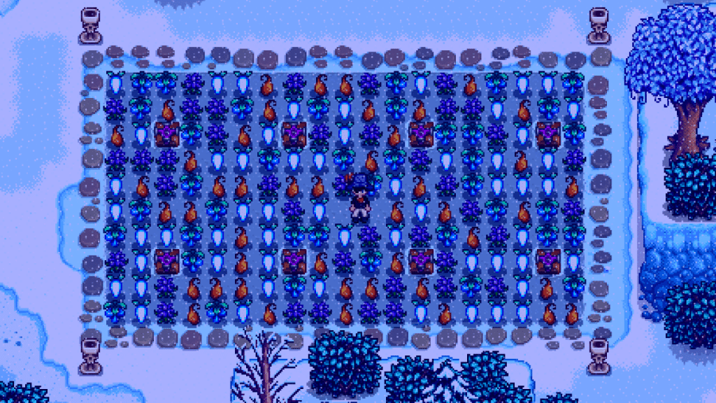 The player standing in the middle of a Winter Wild Seeds farm.