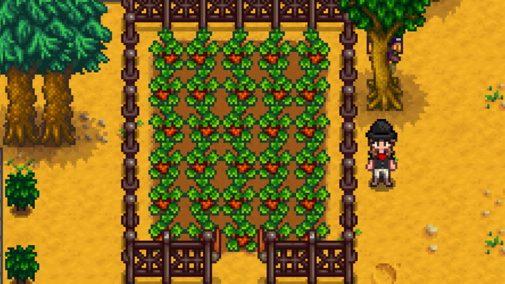 A player with a  space filled with strawberry fruits in Stardew Valley.