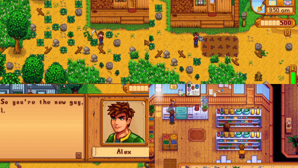 The player clearing the overgrown farm, planting Parsnip Seeds, talking to Alex, and buying at PIerre's General Store.
