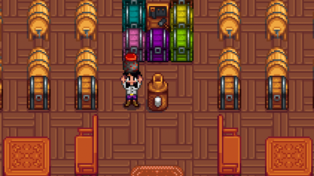 The player holding a void Mayo after processing the void egg in the mayonnaise machine 