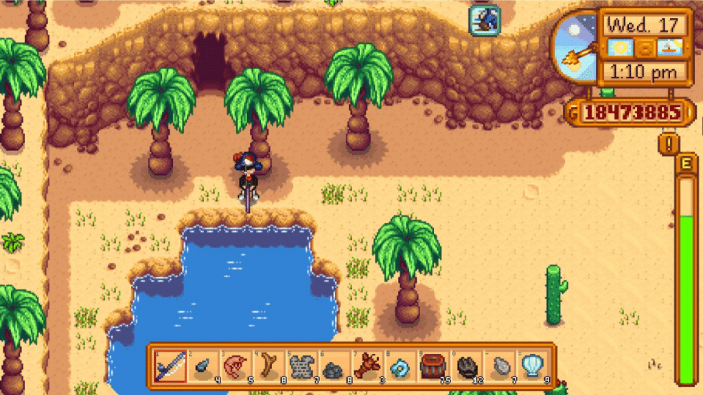 The player fishing in the Calico Desert Pond.