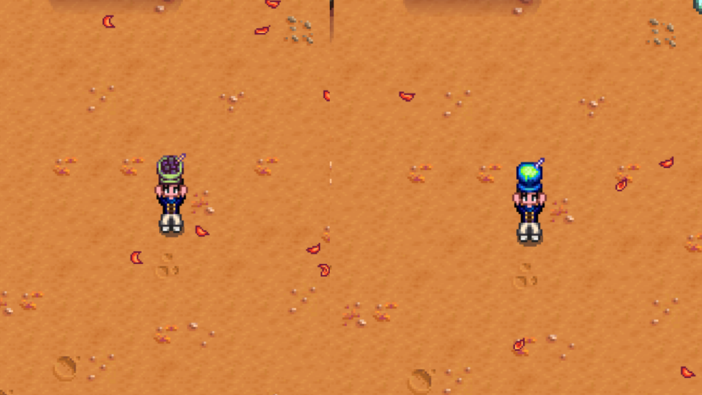 A player holding tow different dishes in Stardew Valley.