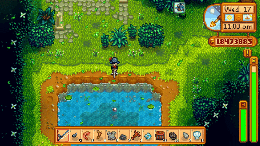 The player fishing inside the Secret Woods Pond.