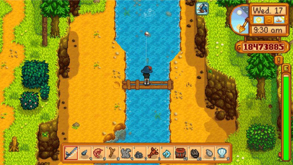 The player fishing on one of the best places to fish in Stardew Valley - North of JojaMart at the Pelican Town