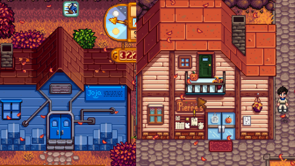 A player beside Pierre's General Store and JojaMart.