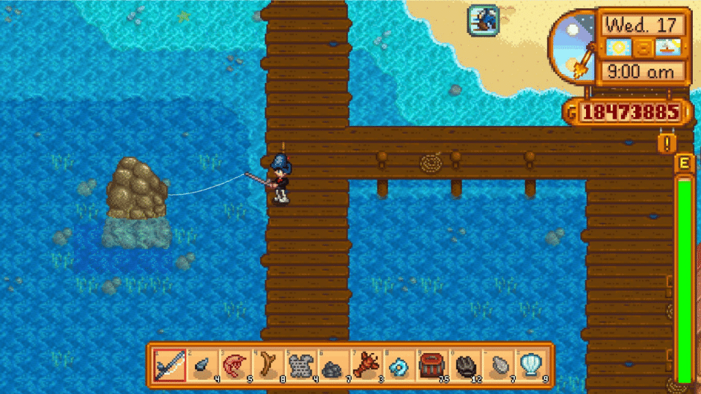 The player fishing on one of the best places to fish in Stardew Valley - Large Rock at the Pelican Town Ocean