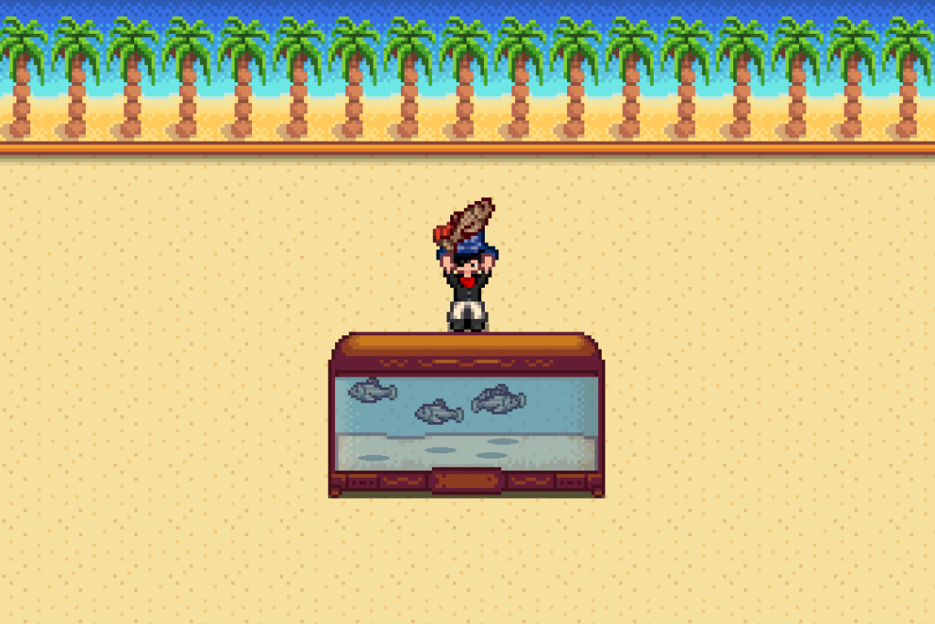 The player holding a Lingcod in Stardew Valley.