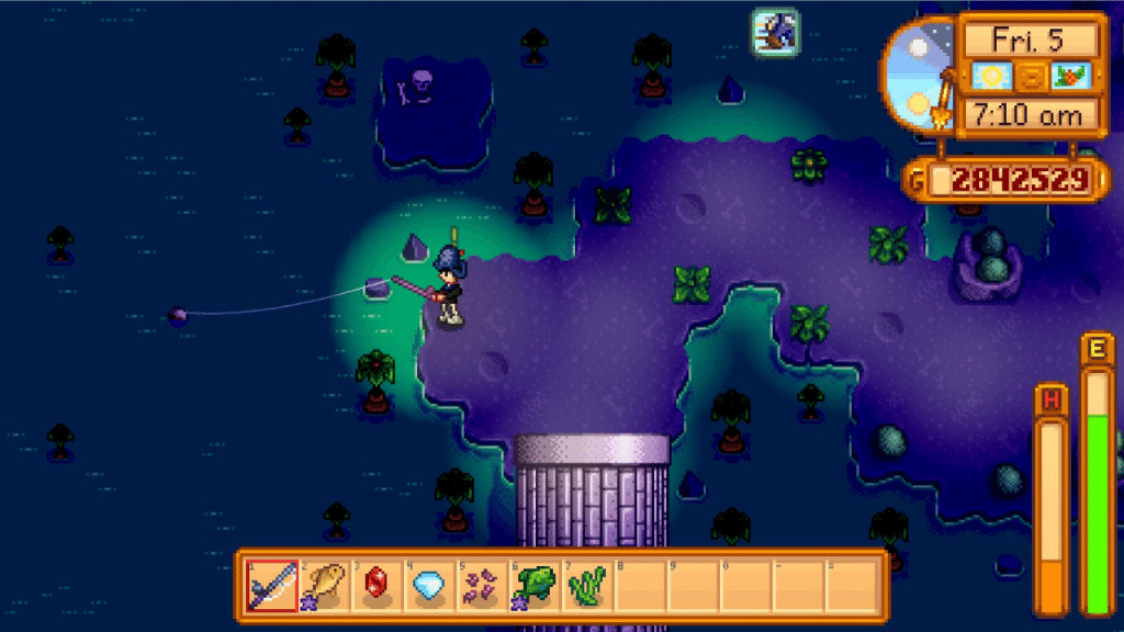 The player fishing inside the Mutant Bug Lair.