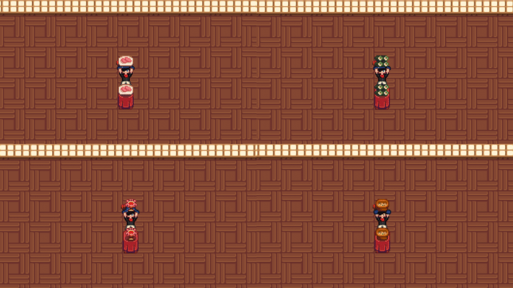 The player holding a Sashimi, Maki Roll, Shrimp Cocktail, and Tom Kha Soup in Stardew Valley.