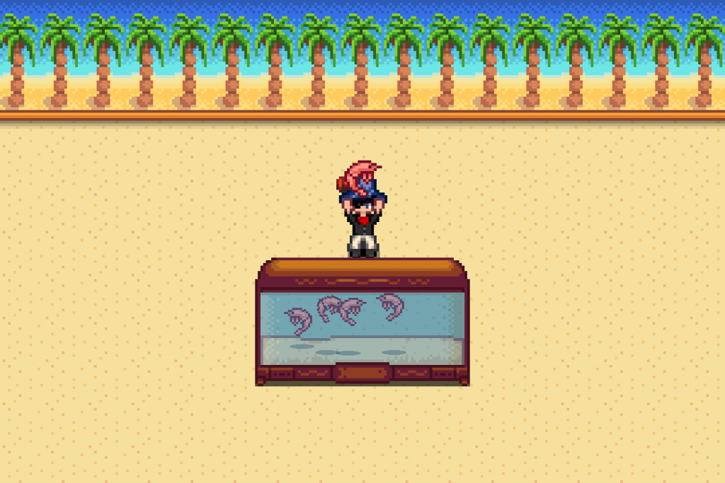 The player holding a Shrimp in Stardew Valley.