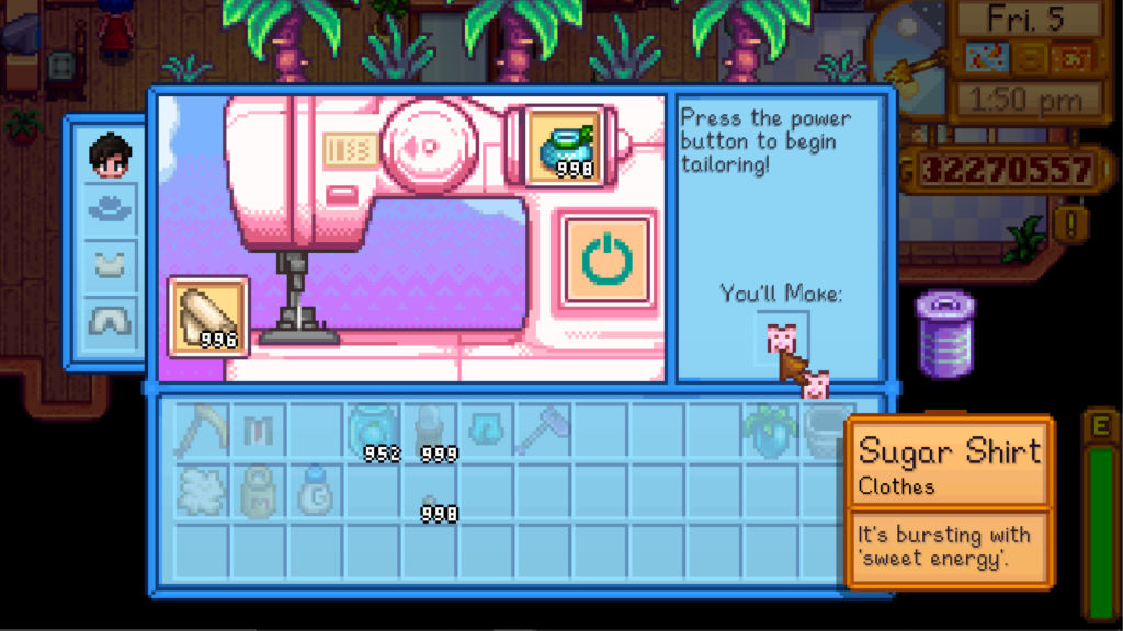 A sugar shirt made in the Sewing Machine in Stardew Valley.