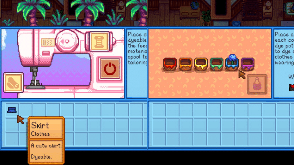 Sewing Machine and Dye Pots in-game interface.