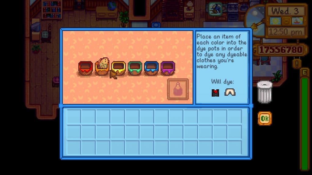 In-game screen of the Dye Pots in Stardew Valley.