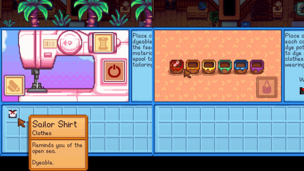 Sewing Machine and Dye Pots in-game screen.