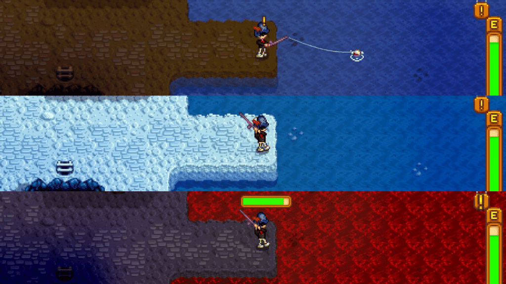 The player fishing in the Mines levels 20, 60, and 100.