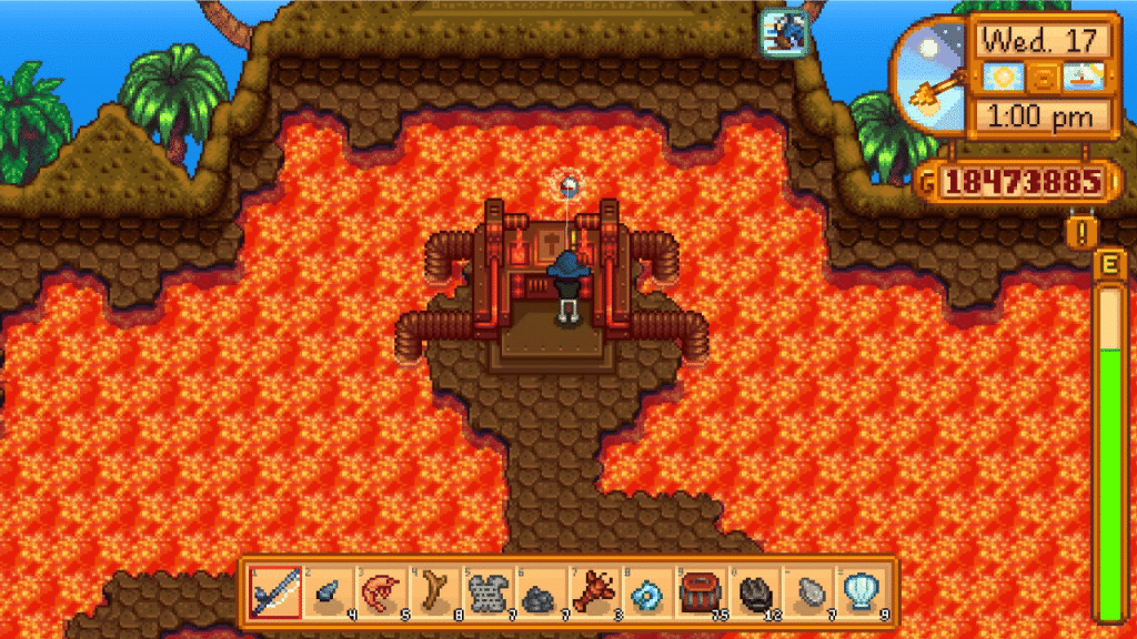 The player fishing inside the Volcano Caldera. Hot stuff!