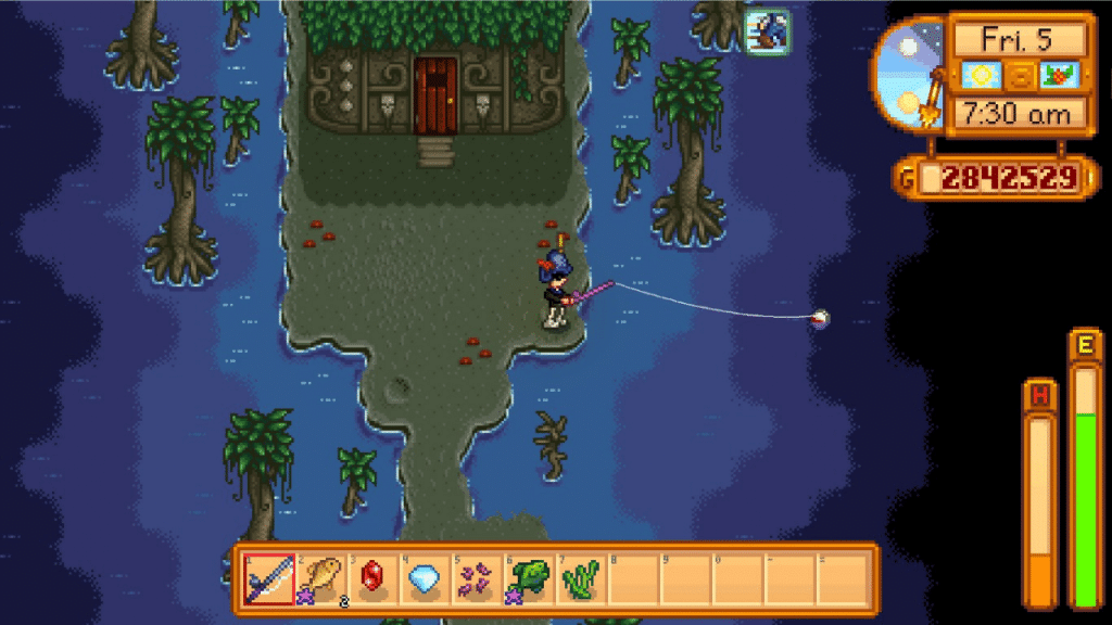 The player fishing inside the Witch's Swamp.
