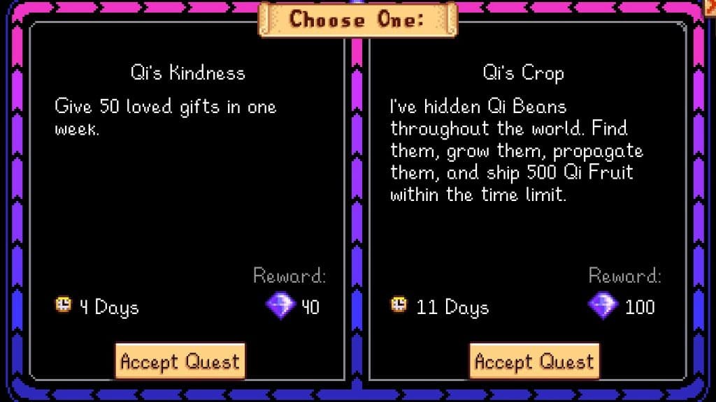 In-game screen of Qi's Special Orders in Stardew Valley.