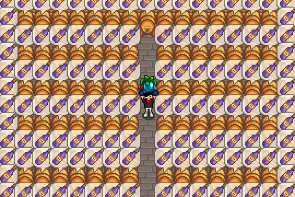 The player inside a Shed full of Wine while holding an Ancient Fruit.