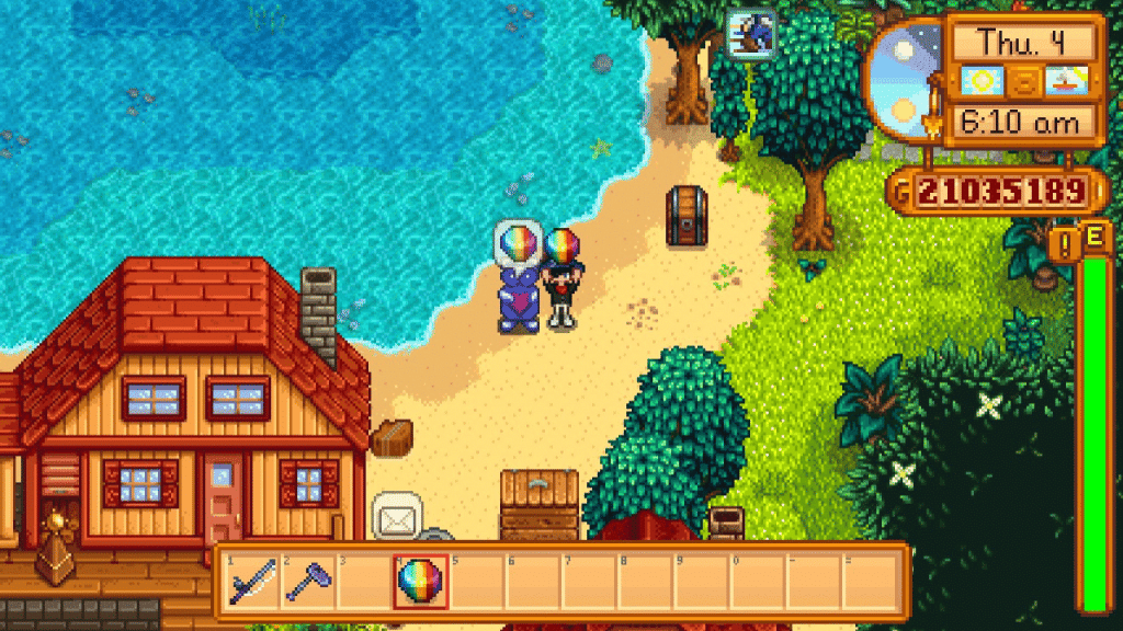 The player holding a Prismatic Shard near the Statue of True Perfection that produces the same rare, most expensive mineral in Stardew Valley.