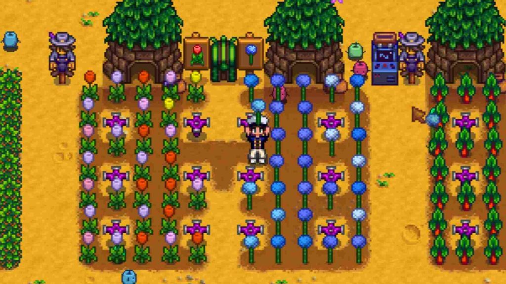 A player surrounded with blue Jazz in Stardew Valley.