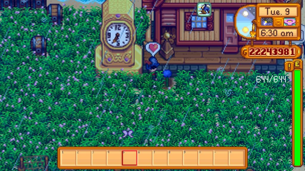 The player admiring the beautiful Blue Jazz in Stardew Valley.