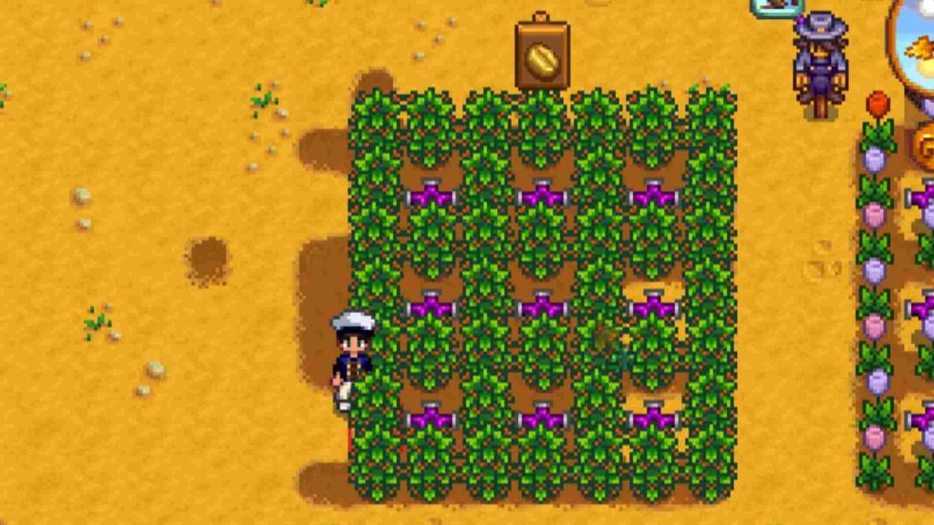 A player surrounded with coffee beans in Stardew Valley.