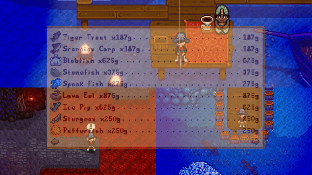 Selling list, fishing rod, crab pots and the Mines in Stardew Valley.