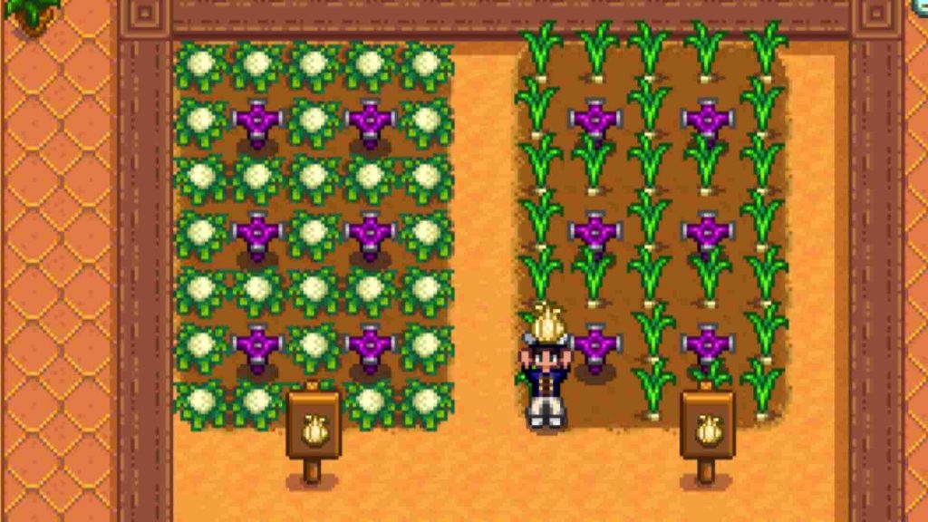 A player surrounded with garlic in Stardew Valley.