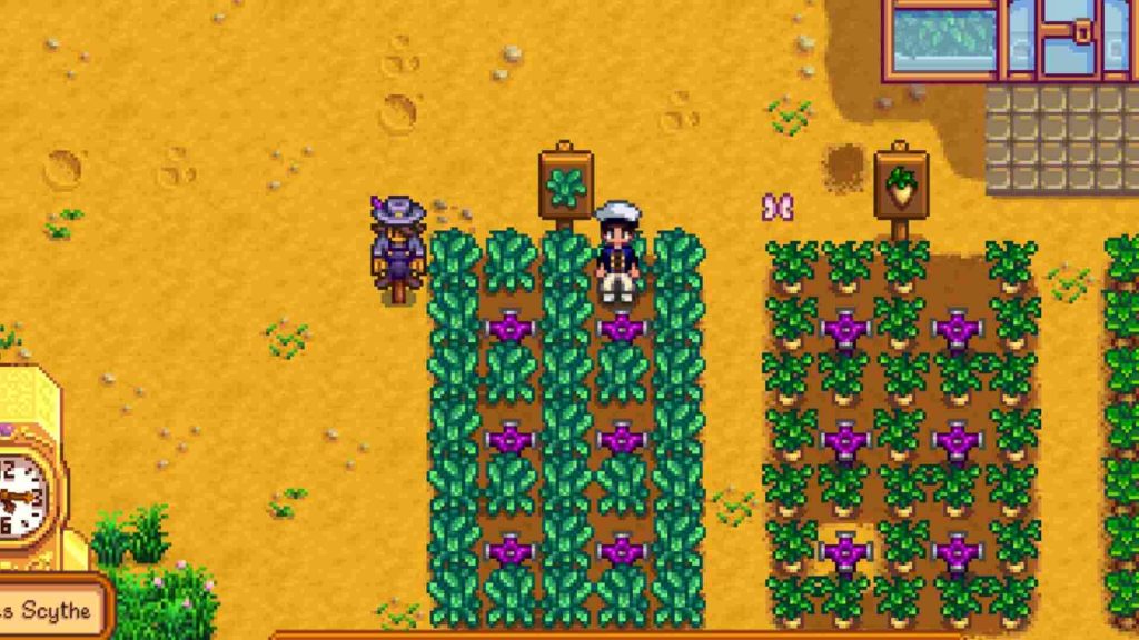 A player surrounded with Kale in Stardew Valley.