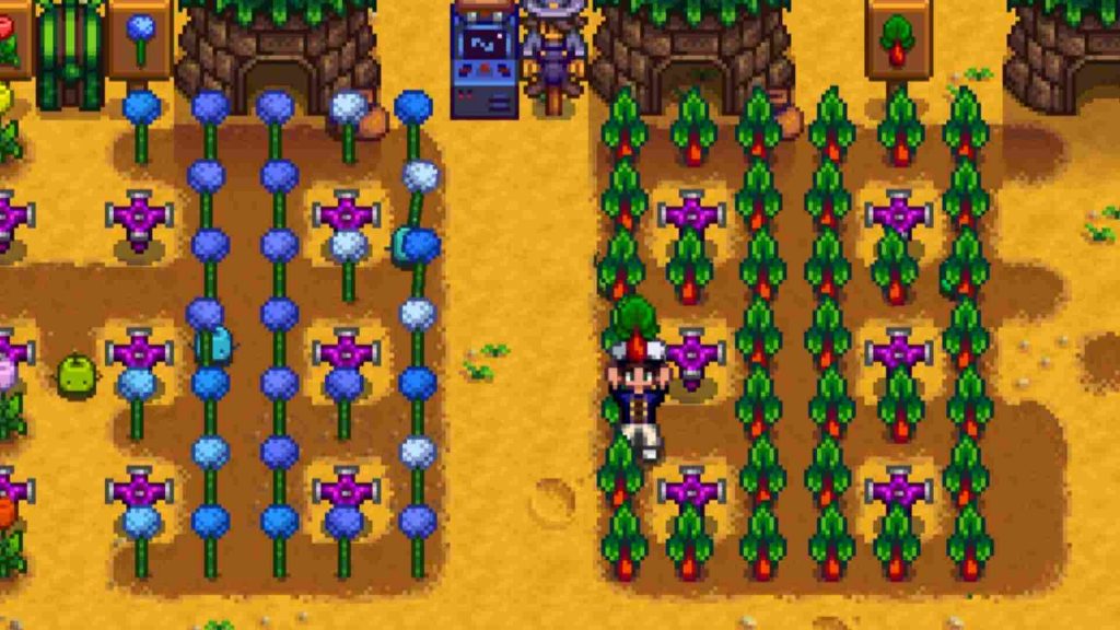A player surrounded by Rhubarb in Stardew Valley.