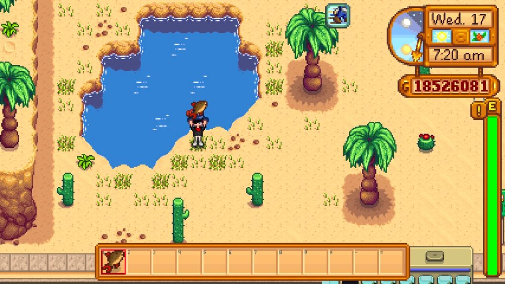 The player holding a Scorpion Carp at the Calico Desert.