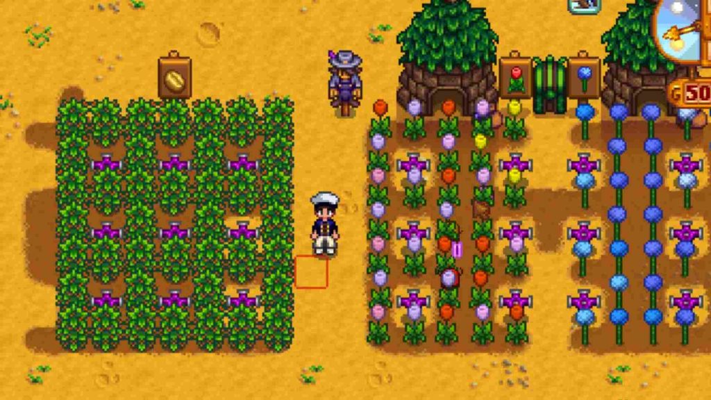 A farm filled with spring crops in Stardew Valley.