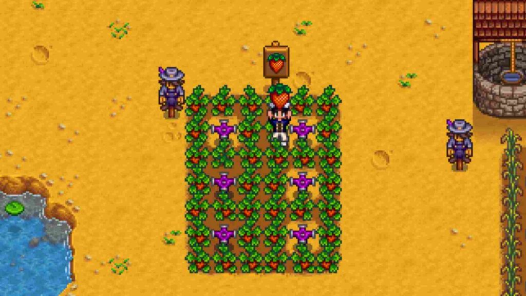 A player surrounded by Strawberry in Stardew Valley.