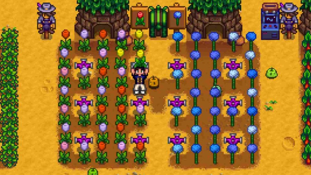 A player surrounded with tulips in Stardew Valley.