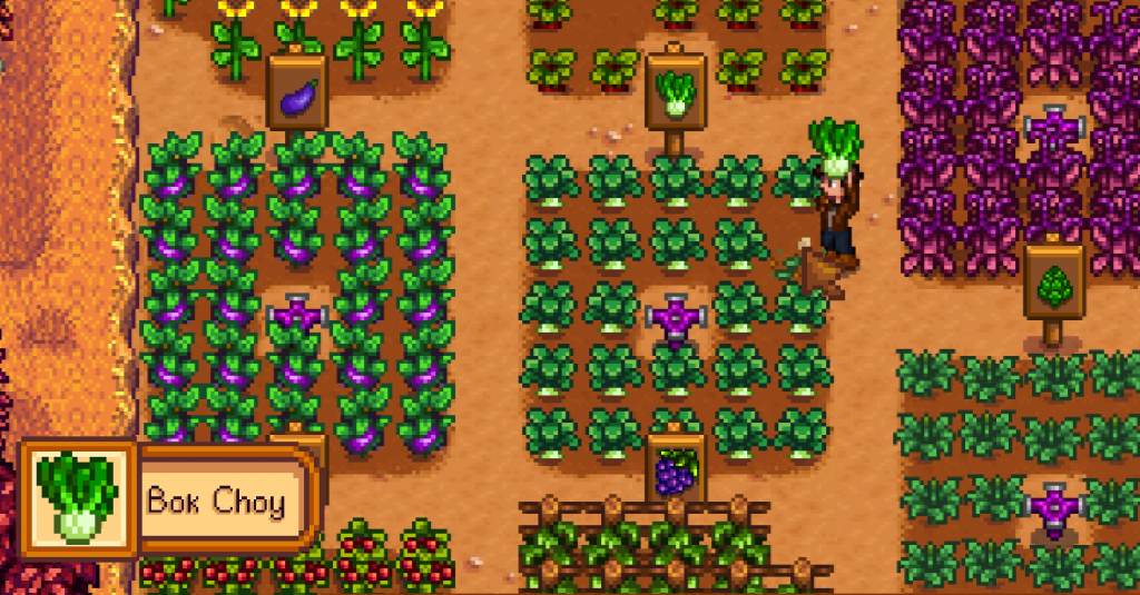 stardew valley player holding bok choy in farm
